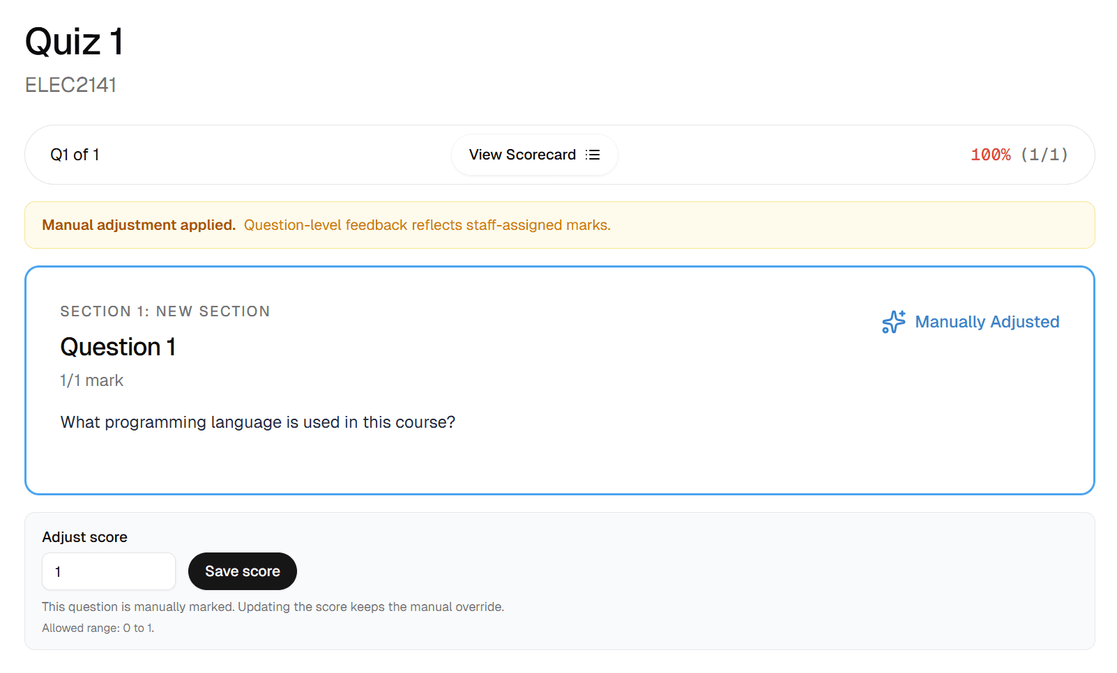 Manual marking override screen showing graded attempt with feedback