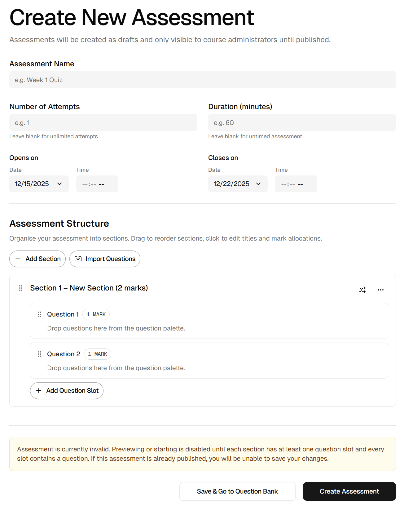 Assessment builder showcasing all parameters and question structure