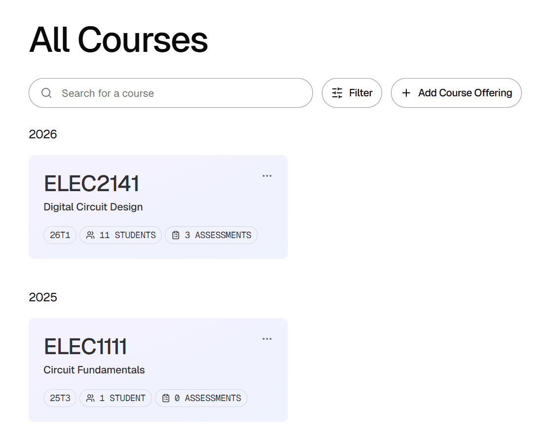 Dashboard showing course cards and the Add course offering dialog