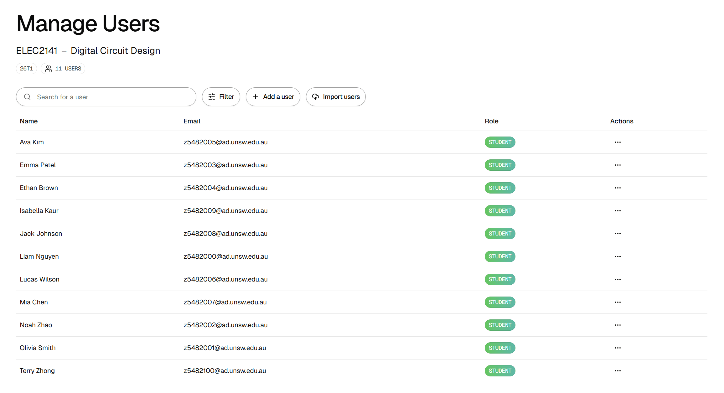 Users tab showing the Add a user button and list of enrolments