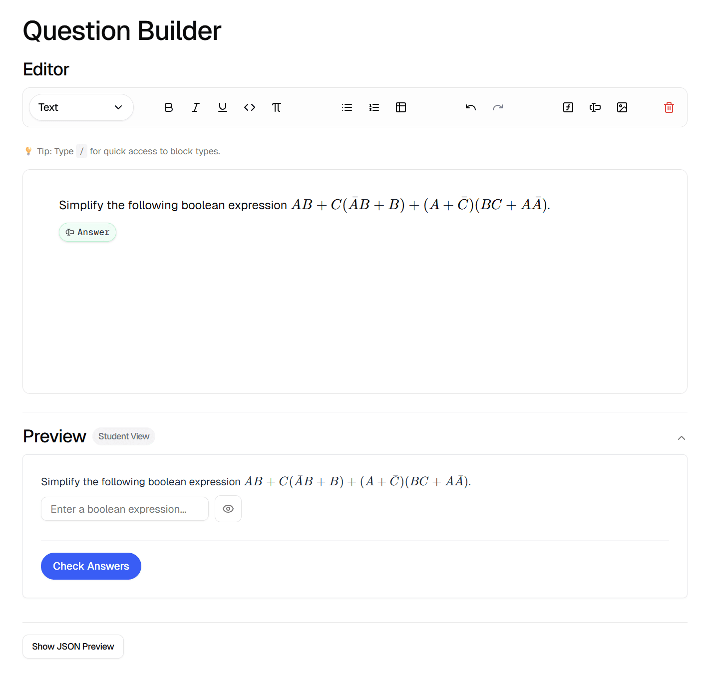 Boolean answer configuration