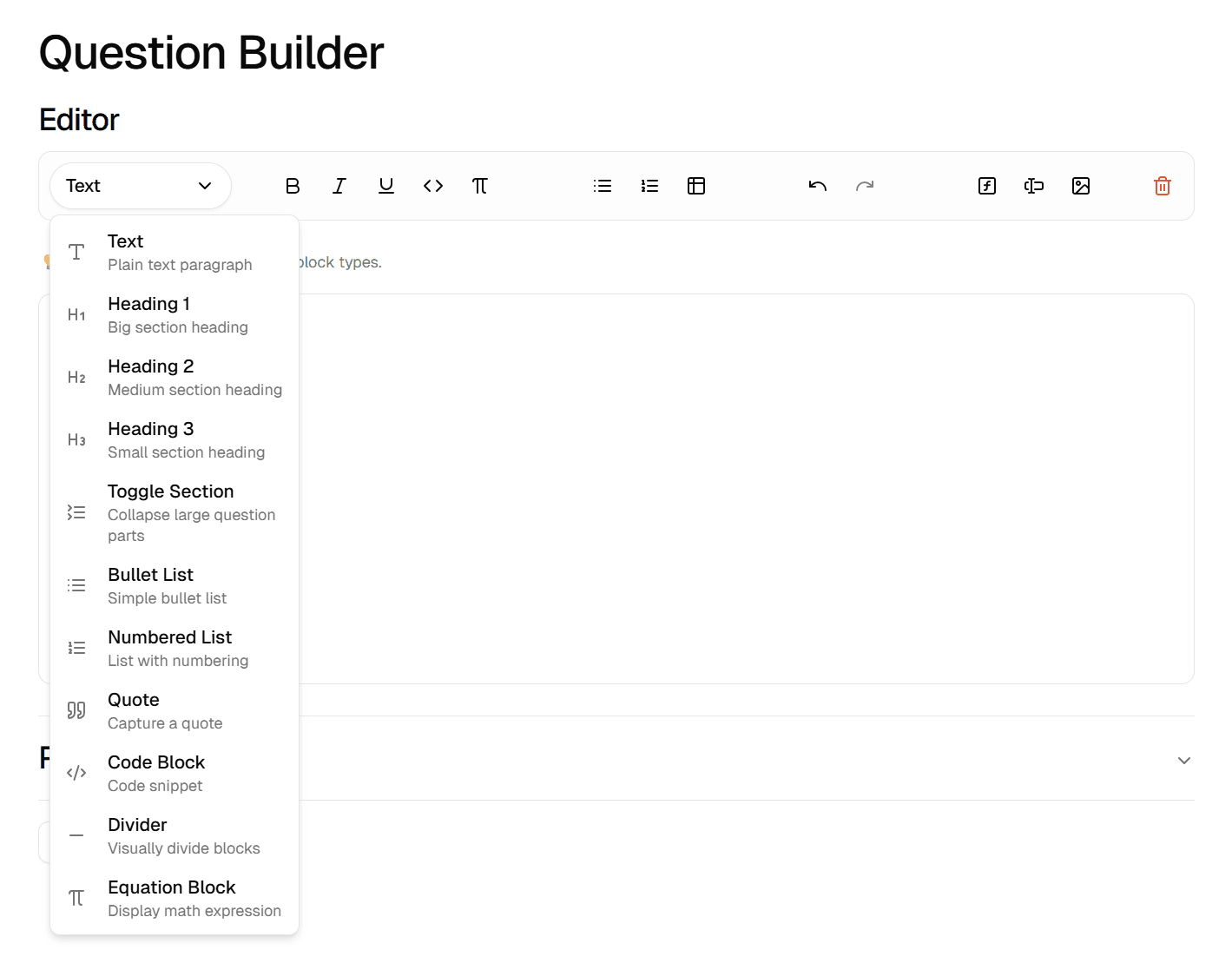 Question builder showing the component dropdown menu