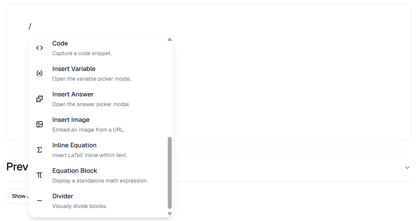 Slash commands menu in the editor