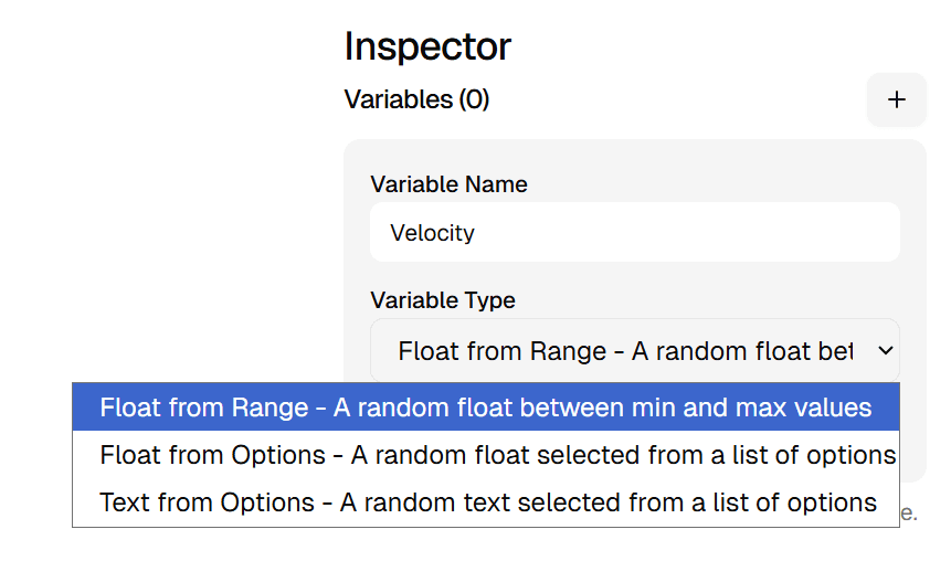 Variable types selection in the sidebar