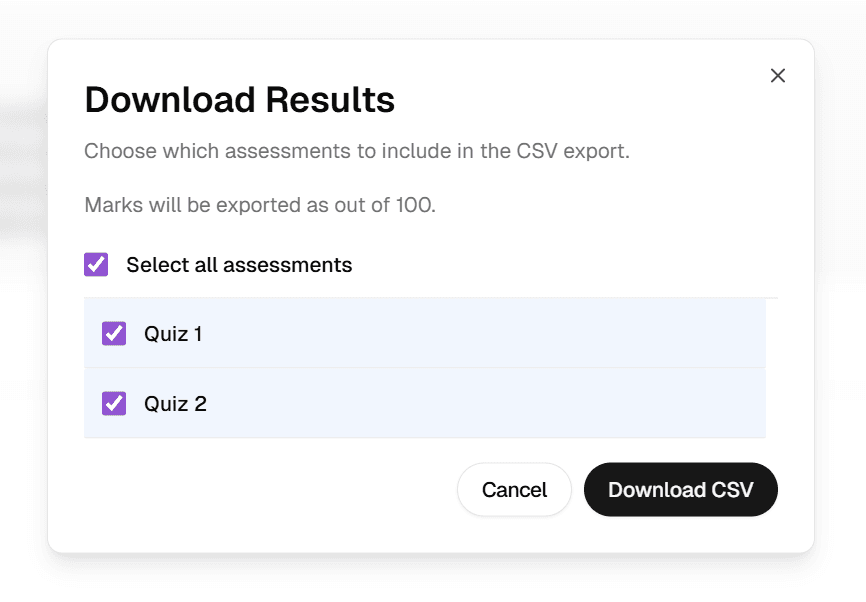 Pop-up showing CSV download
