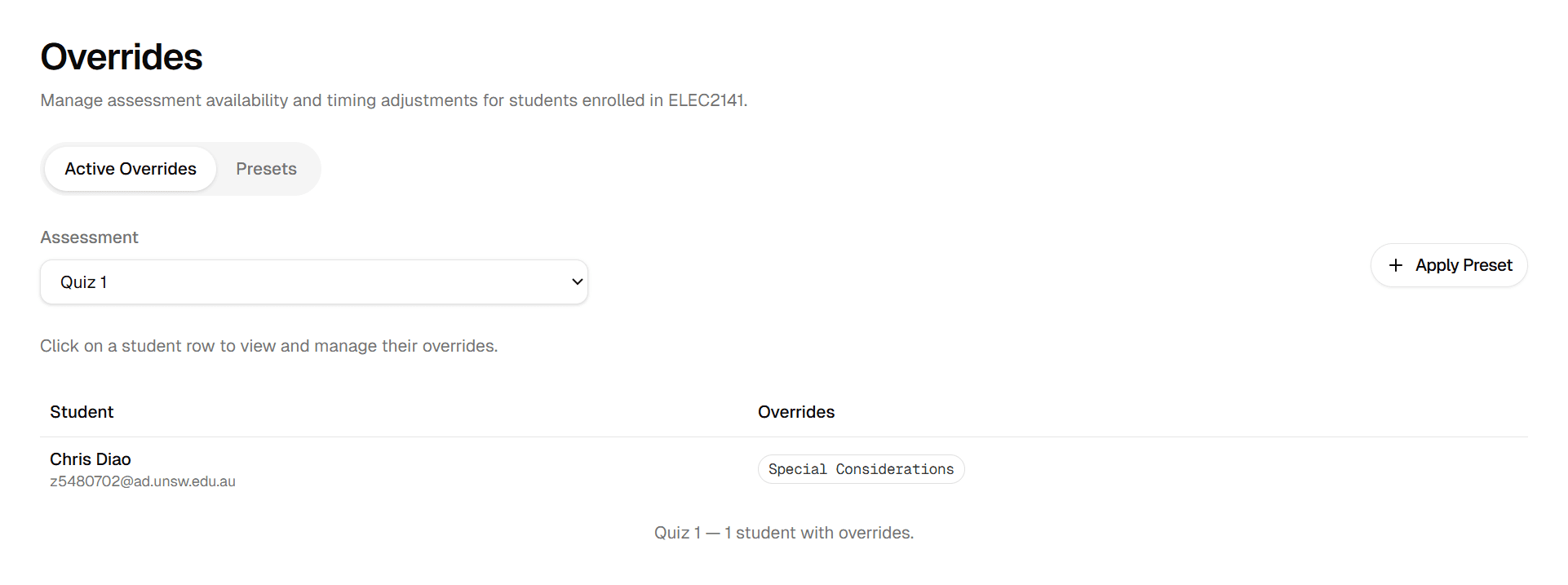 Active overrides tab showing current student modifications