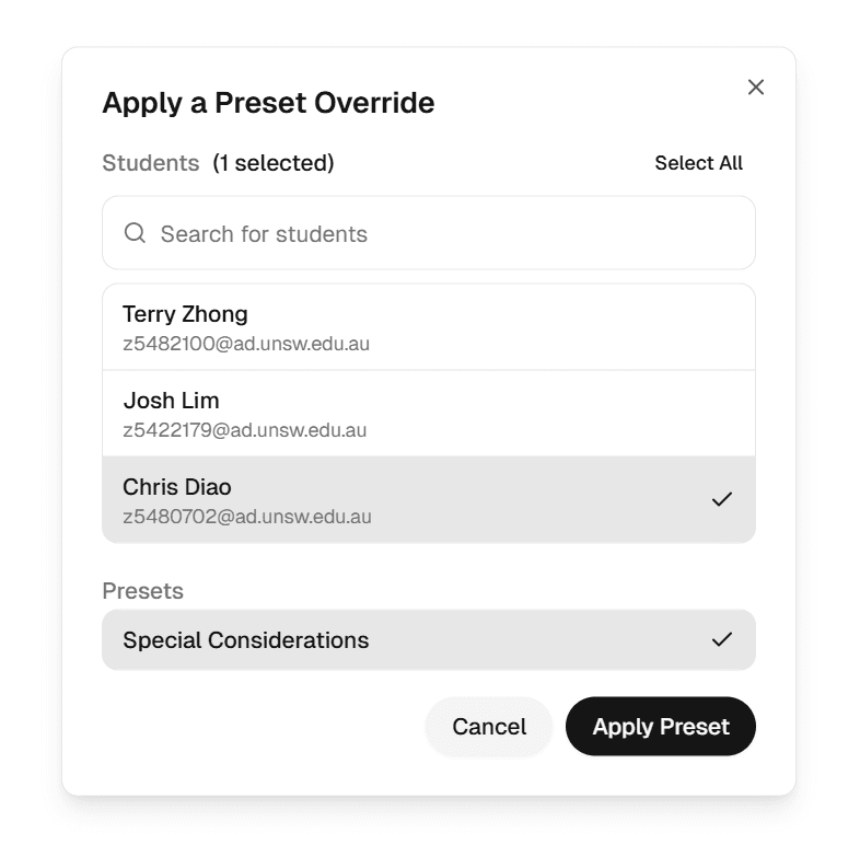 Selection pop-up for applying an override preset