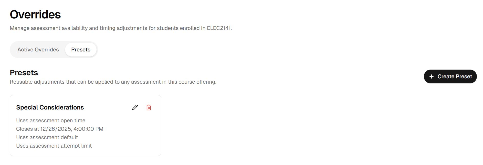 Override presets tab showing existing configurations